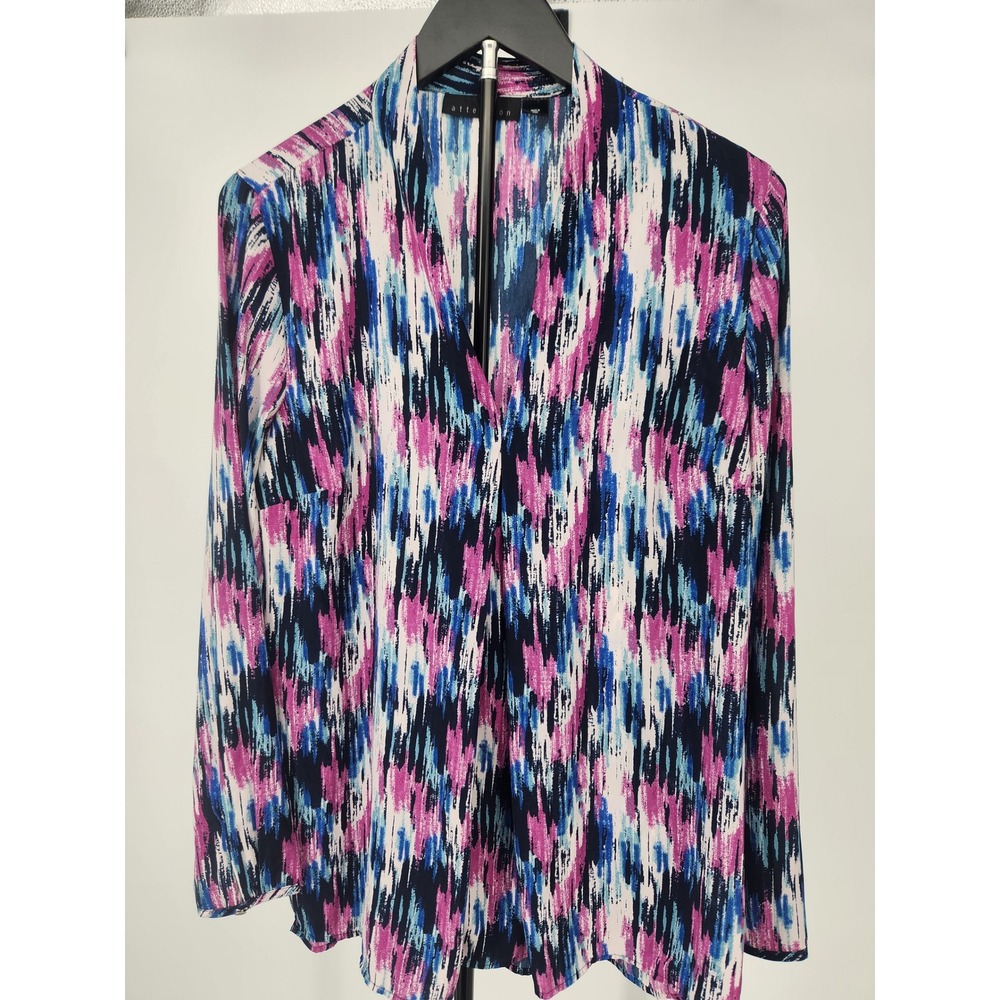 Attention Womens Abstract Print V-Neck Wrap Front Blouse Blue Pink Large